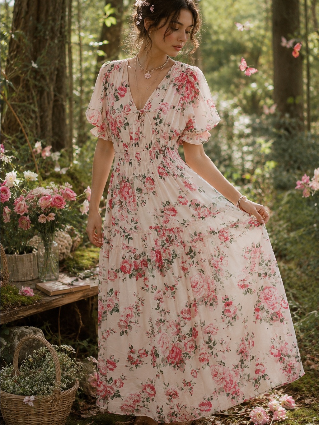 Romantic Pink Floral Maxi Dress With V-Neck And Smocked Waist